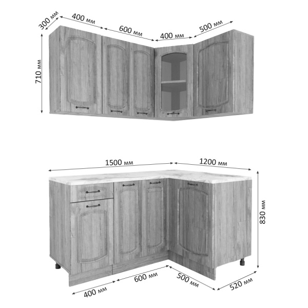 Угловая кухня РАВЕННА Дуб крафт / Орех антик 1,5м Угловая кухня РАВЕННА Дуб крафт / Орех антик 1,5м