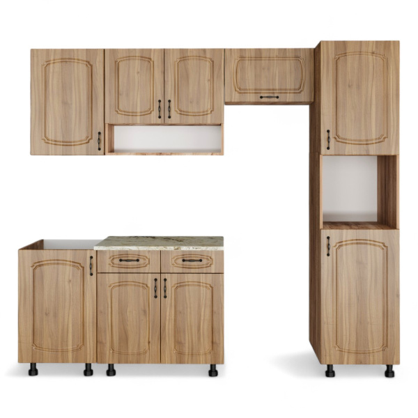 Кухня Комплект №4  Дуб крафт табачн./Орех антик (столеш Версаль+Сушка+планка) 1,8м  Кухня Комплект №4  Дуб крафт табачн./Орех антик (столеш Версаль+Сушка+планка) 1,8м